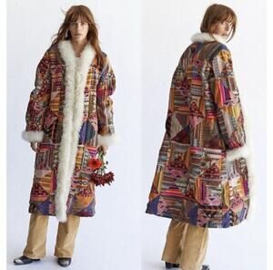 Free People Coat Womens Large Caravan Patchwork Dream Faux Fur Multicolor Boho